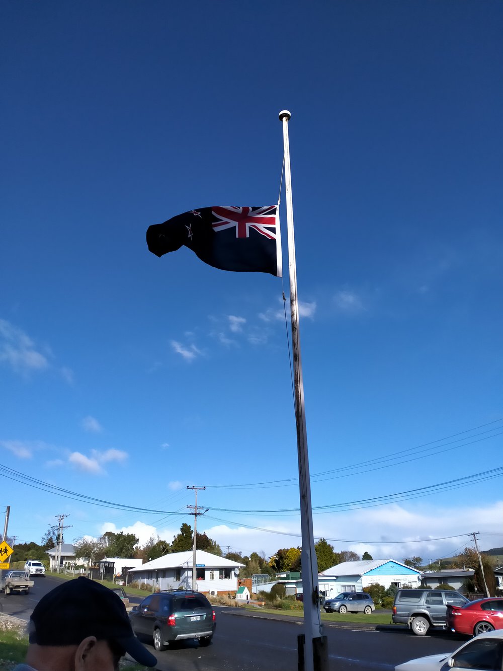 Flag at half mast Owaka Anzac Day Service 2021