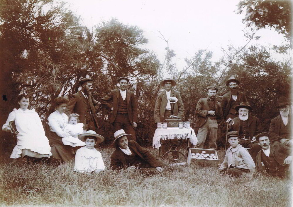 Russell/Nicholson Family posing with Gramophone, Waipori