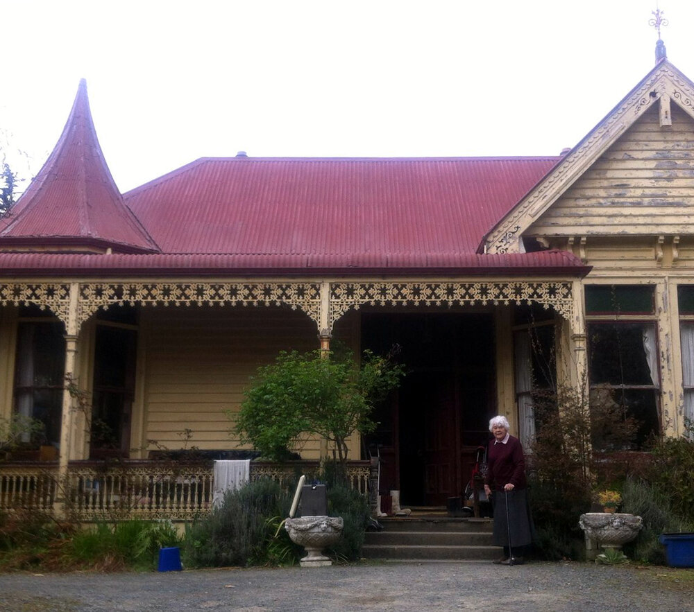 Audrey Stevens outside Taylor Home, Port Chalmers 2016