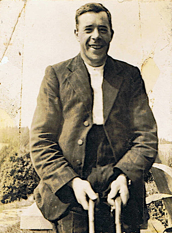 J.A. Taylor&nbsp;and crutches, Ashley Downs, 1920