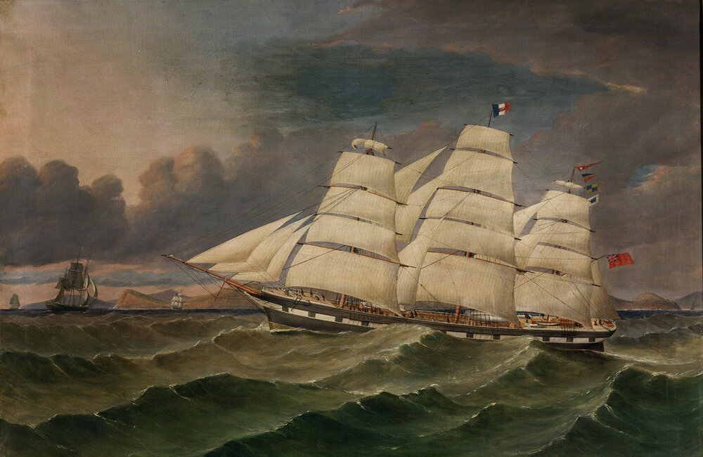 The Full rigged ship "Caribou" off the Otago Coast, Taieri Head on starboard quarter