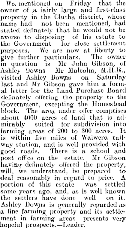 Gibson Land Offered, Ashley Downs 1906