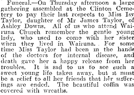 Funeral Summary Isabella (Lisa) Taylor, 1895-1915