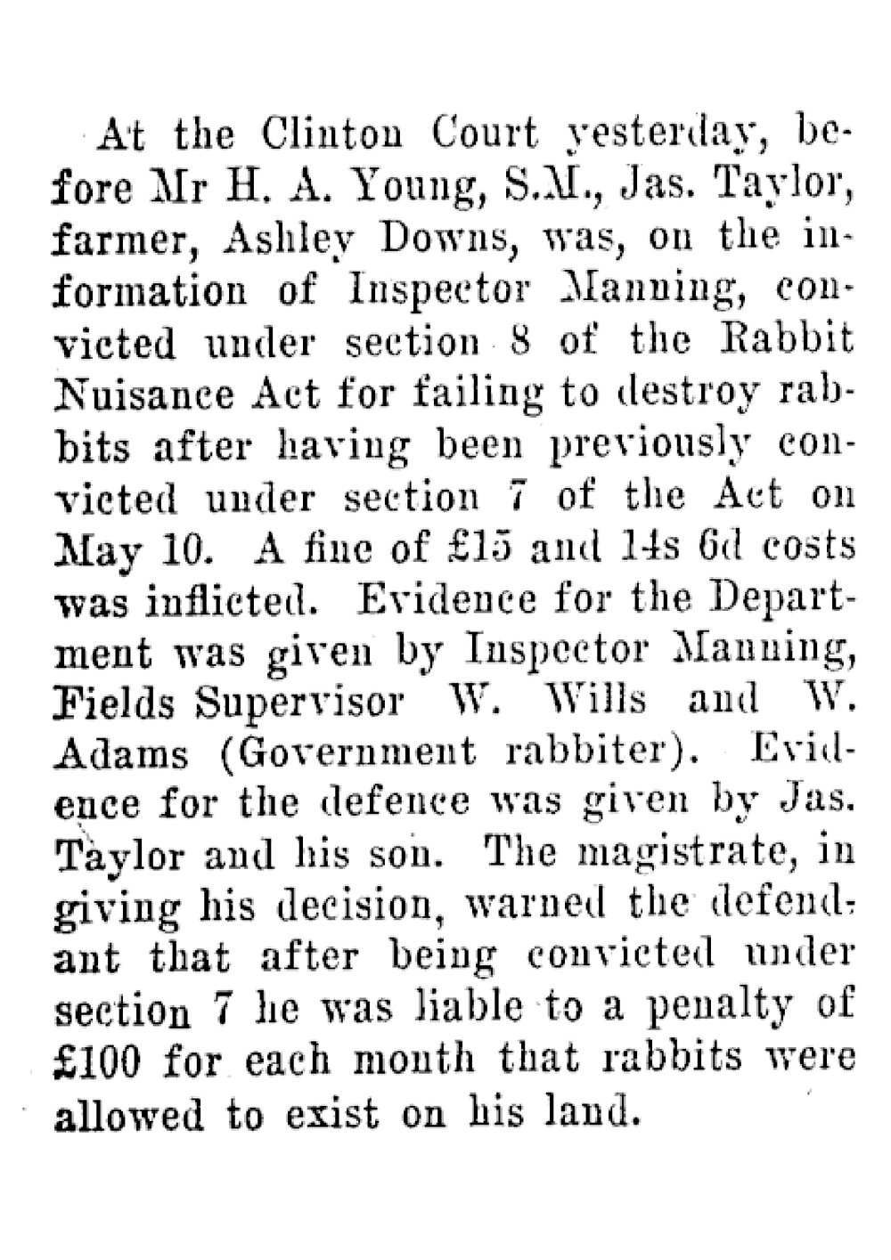 Rabbit Nuisance Act Fine, 1915