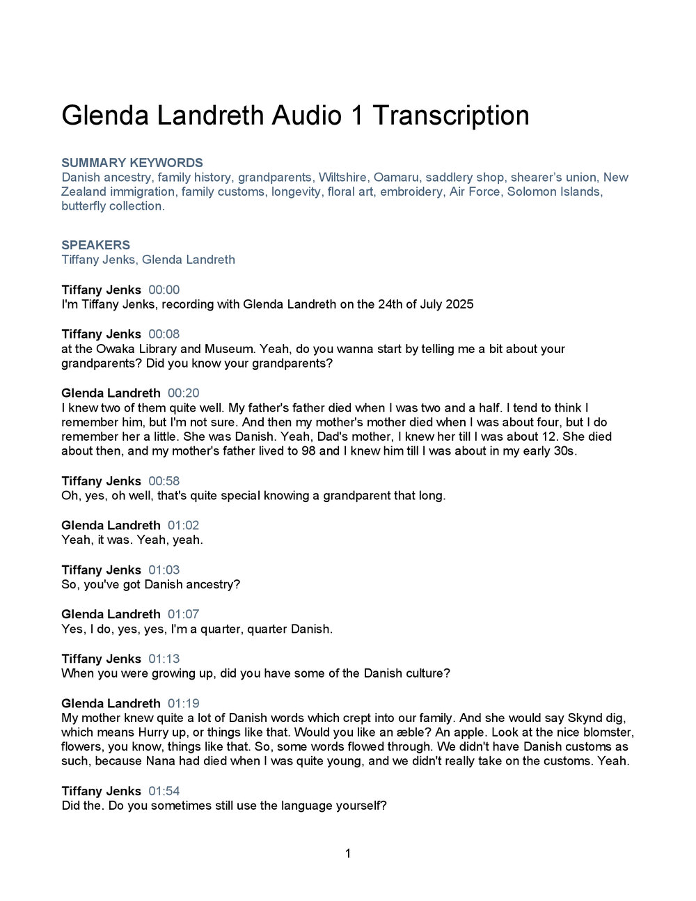 Glenda Landreth Oral History Audio One Transcript