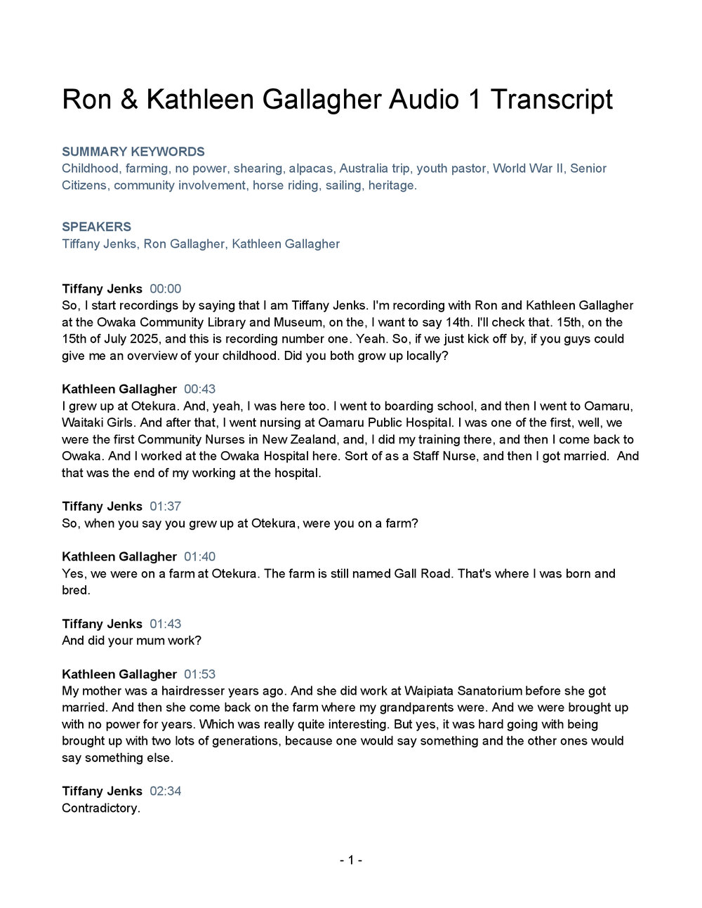 Ron and Kathleen Gallagher Oral History Audio One Transcript