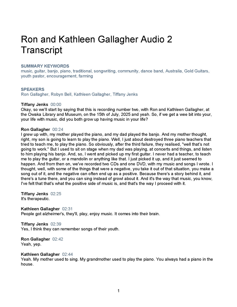 Ron and Kathleen Gallagher Oral History Audio Two Transcript