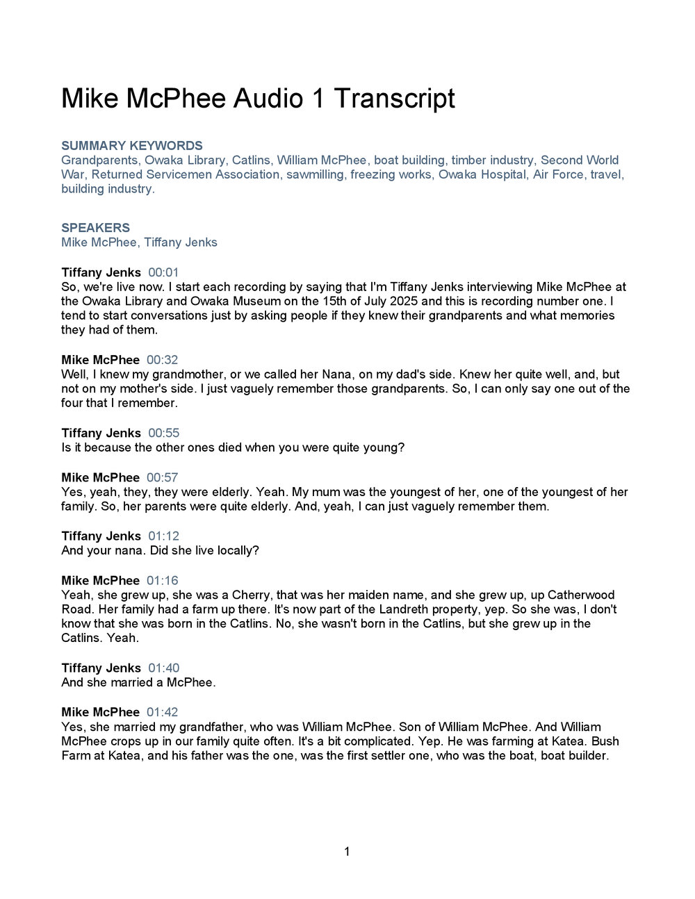 Mike McPhee Oral History Audio One Transcript