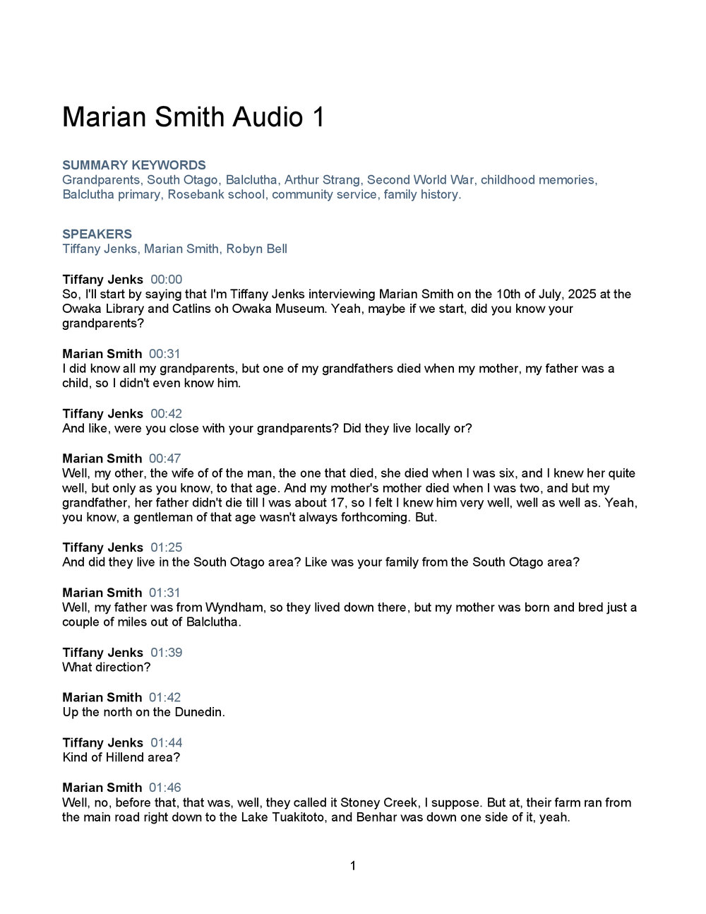 Marian Smith Oral History Audio One Transcript