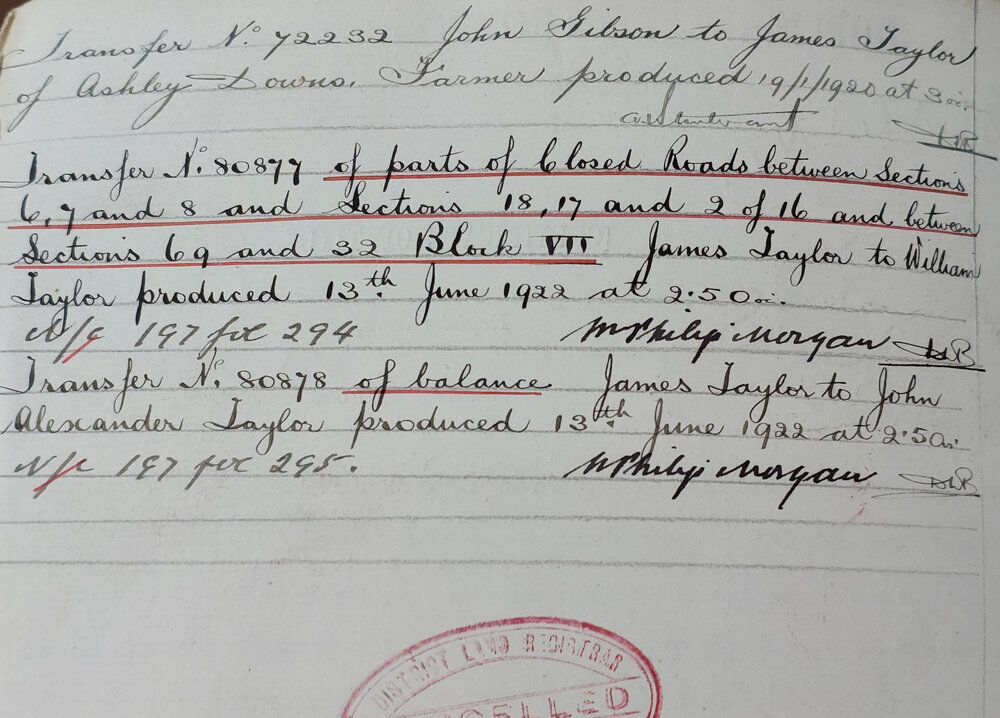 James Taylor Transfer of Land to Sons