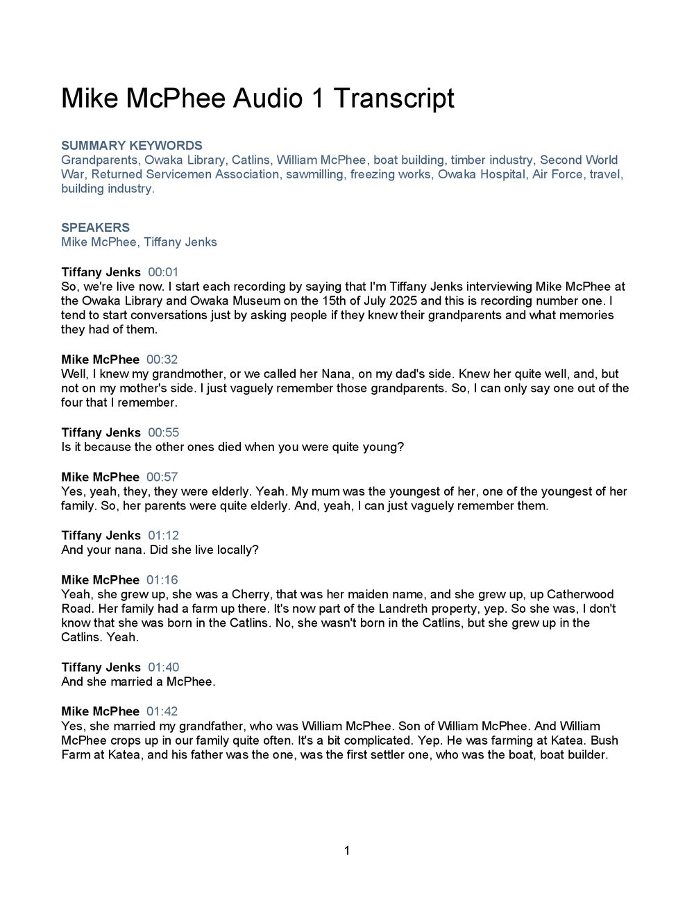 Mike McPhee Oral History Audio One Transcript