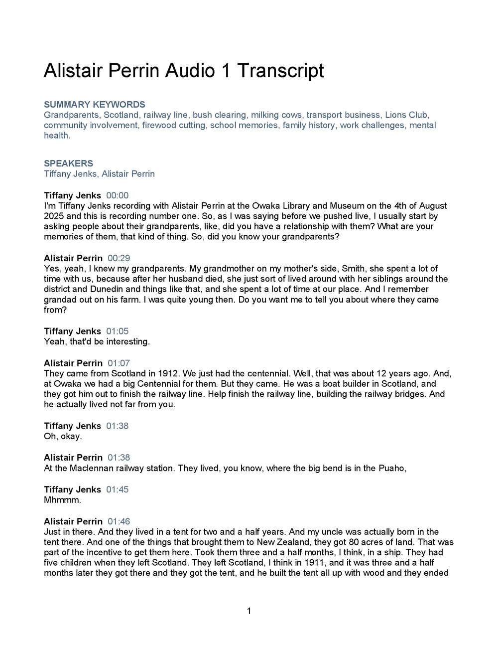 Alister Perrin Oral History Audio One Transcript