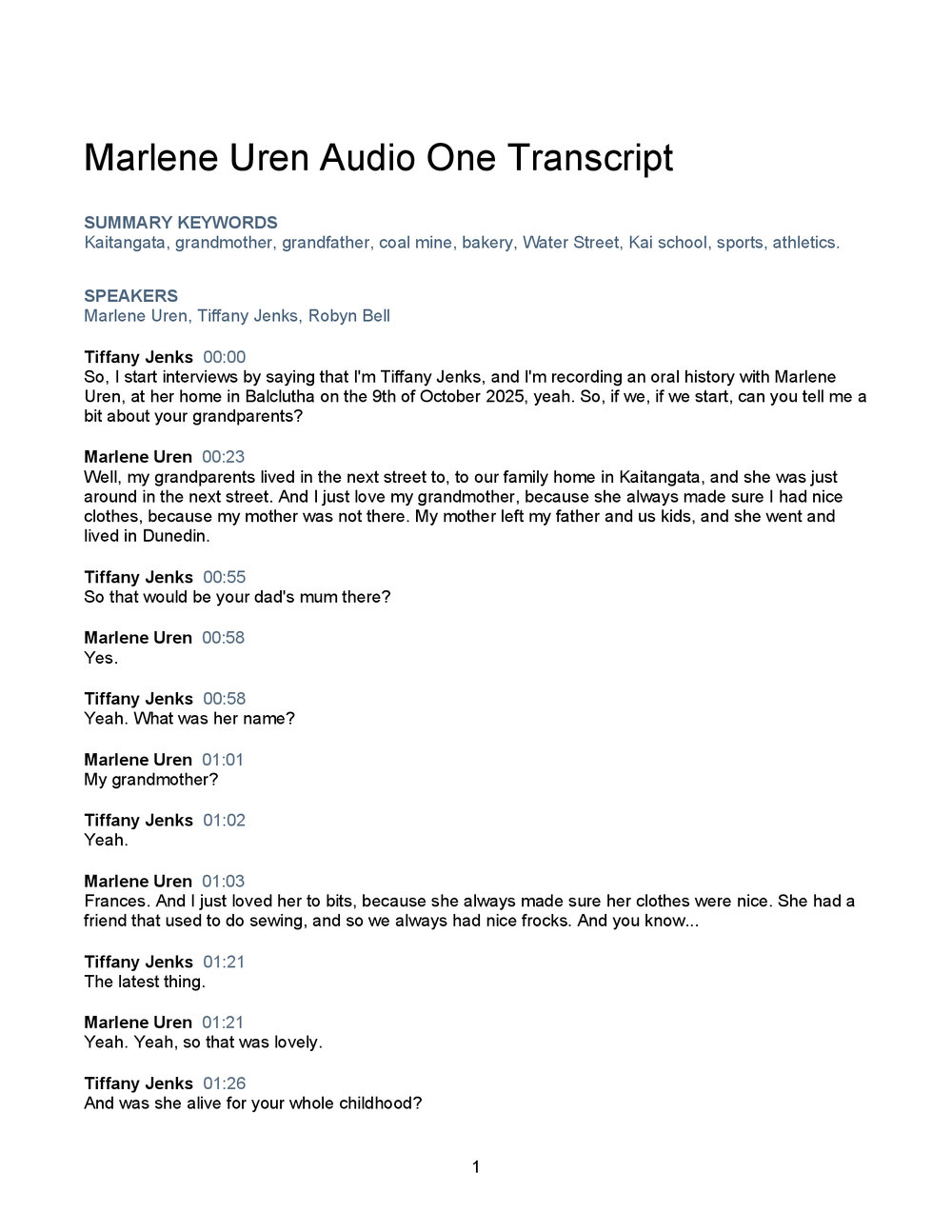 Marlene Uren Oral History Audio One Transcript
