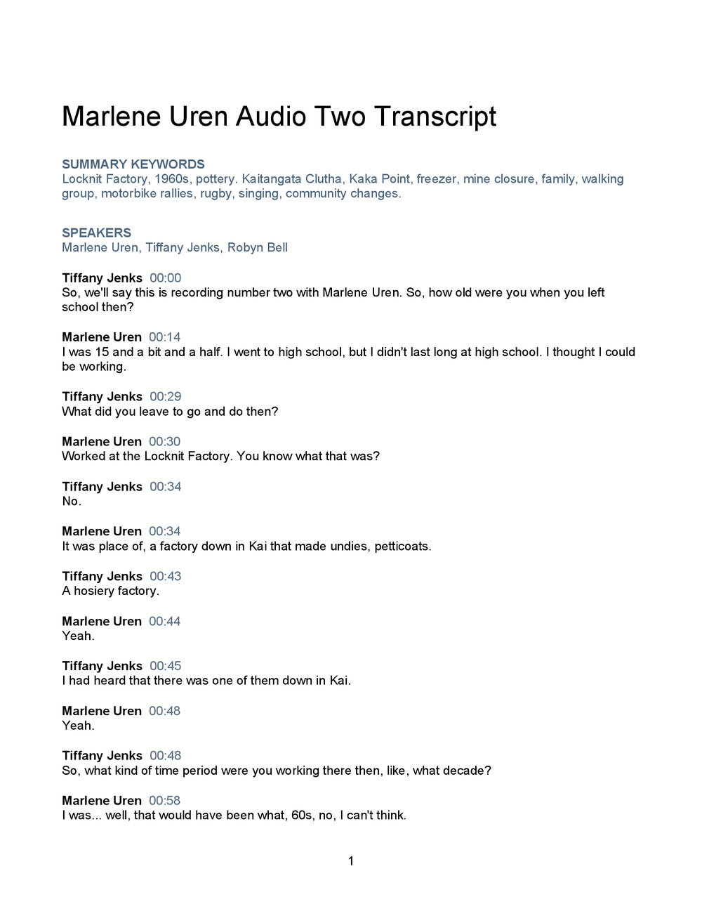 Marlene Uren Oral History Audio Two Transcript