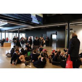 Students watch Performance on Large Screen at Te Pou Ō Mata-au