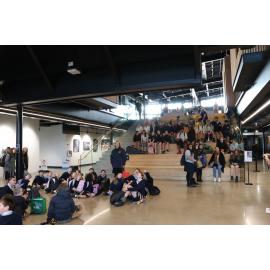 Students watch Performance on Large Screen at Te Pou Ō Mata-au
