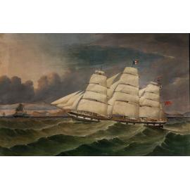 The Full rigged ship "Caribou" off the Otago Coast, Taieri Head on starboard quarter