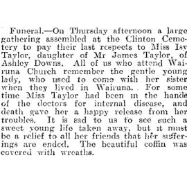 Funeral Summary Isabella (Lisa) Taylor, 1895-1915